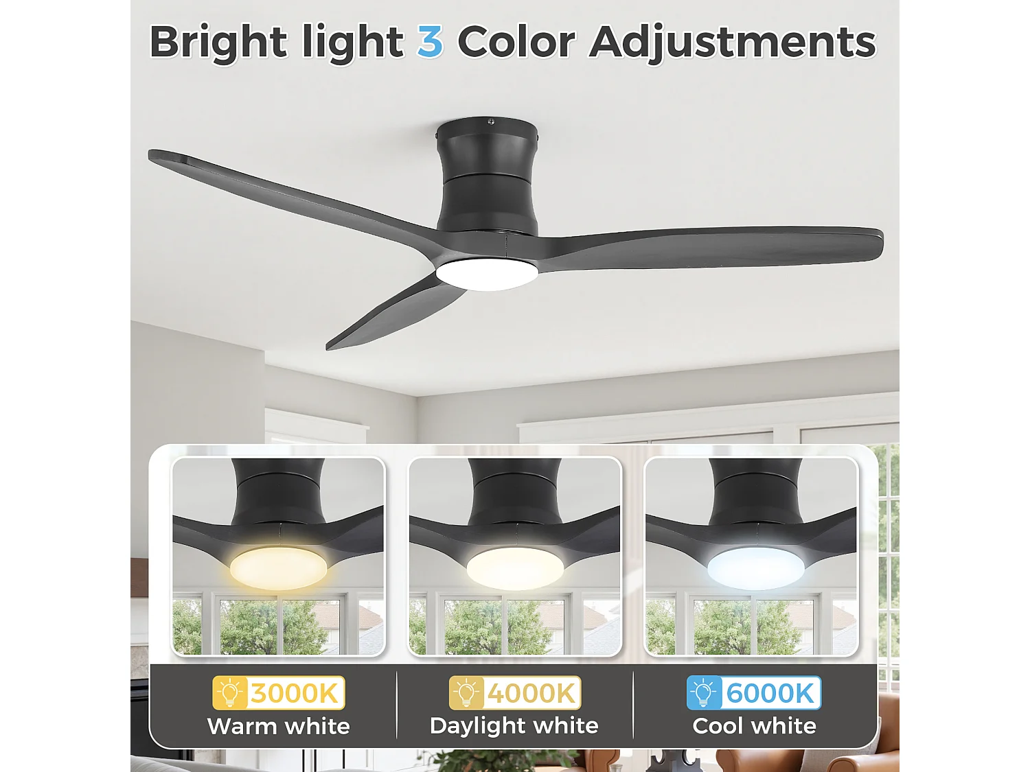 Ventilateur de plafond 132 cm avec éclairage variateur, 3 pales en bois et télécommande - Noir