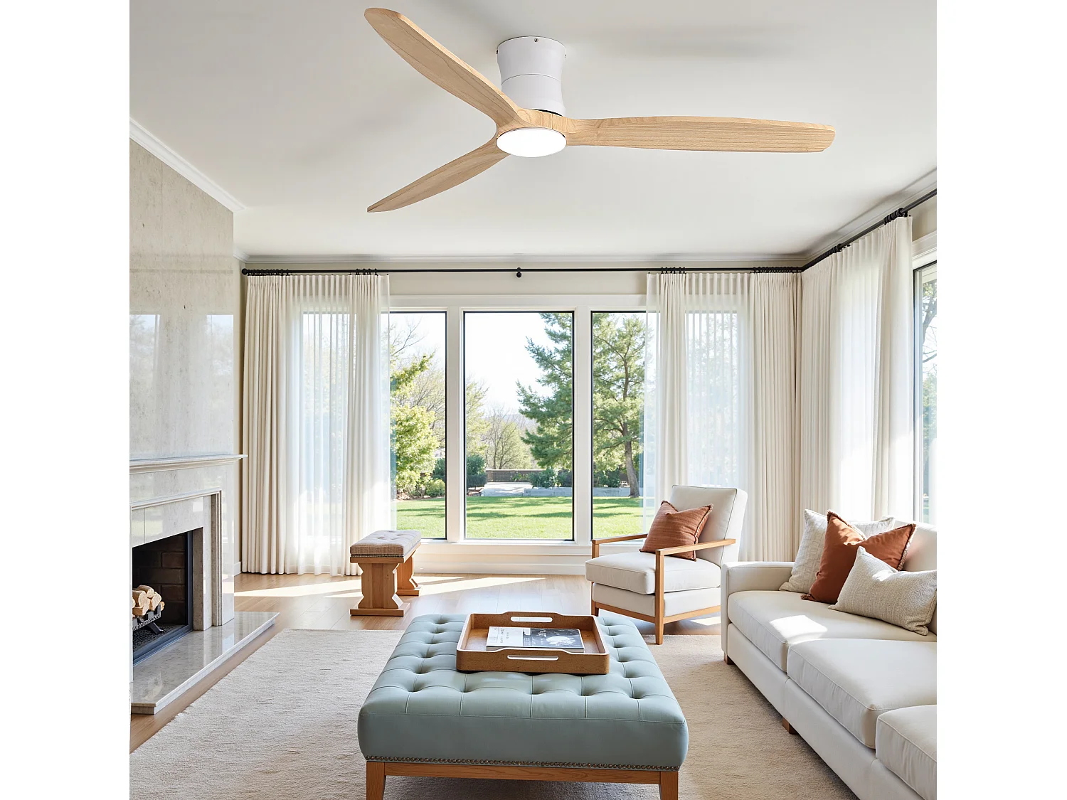 Ventilateur de plafond 132 cm avec éclairage variateur, 3 pales en bois et télécommande