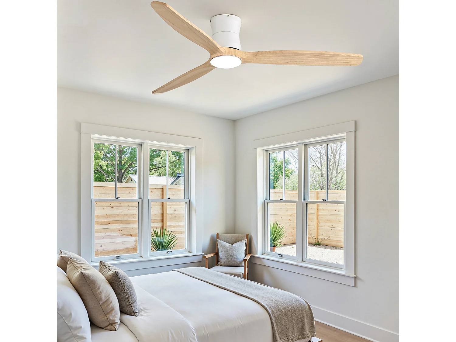 Ventilateur de plafond 132 cm avec éclairage variateur, 3 pales en bois et télécommande