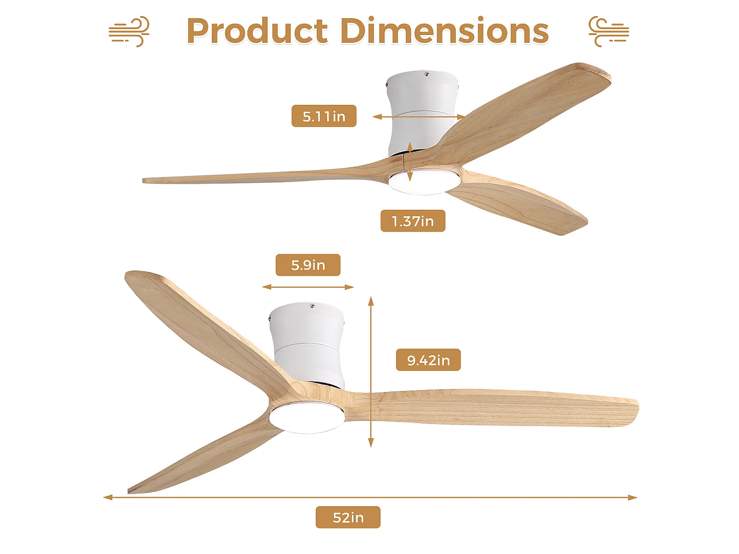 Ventilateur de plafond 132 cm avec éclairage variateur, 3 pales en bois et télécommande
