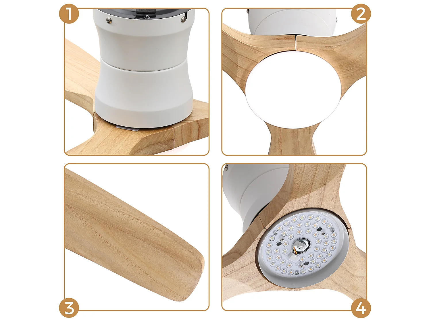 Ventilateur de plafond 132 cm avec éclairage variateur, 3 pales en bois et télécommande