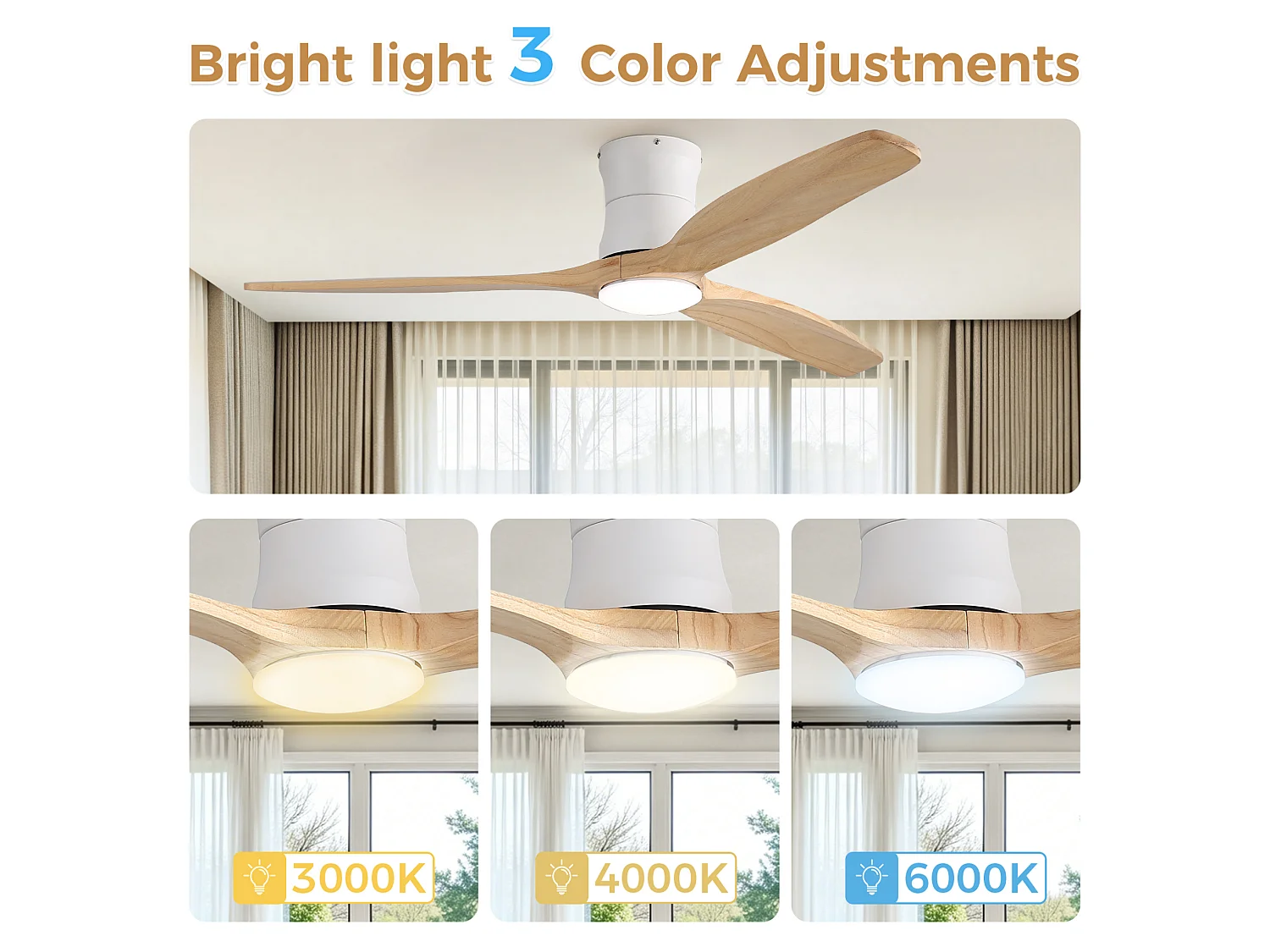 Ventilateur de plafond 132 cm avec éclairage variateur, 3 pales en bois et télécommande