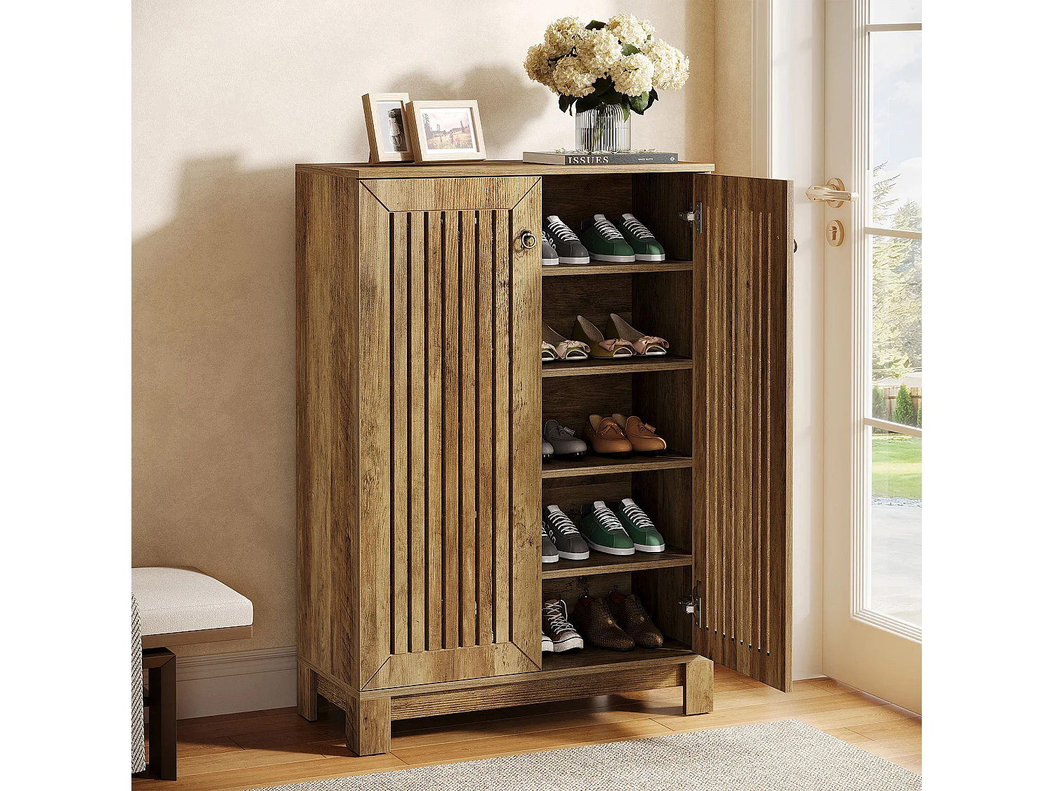 Meuble à chaussures avec portes, meuble de rangement à chaussures à 5 niveaux, pour salon, couloir