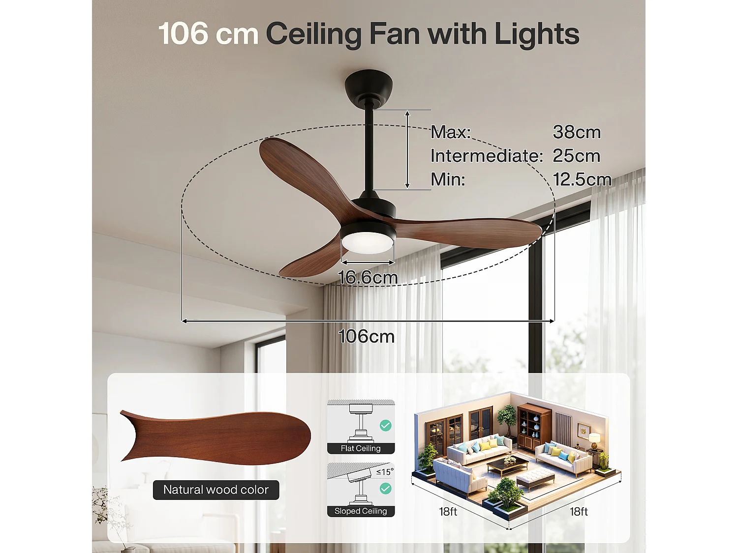 Moderne plafondventilator van 106 cm met verlichting, afstandsbediening, dimbare ledverlichting, omkeerbare ventilator, stille gelijkstroommotor, 3 bladen