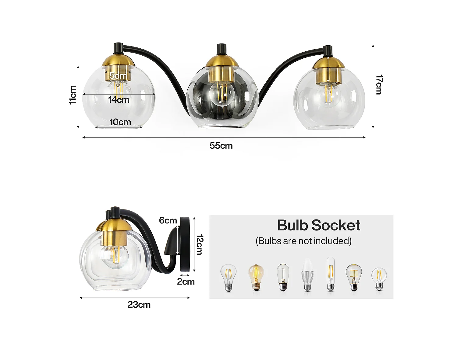 Moderne badkamerlamp met 3 lichtpunten, bolvormige glazen badkamerlamp met metalen frame, E27 fitting, lampen niet inbegrepen.