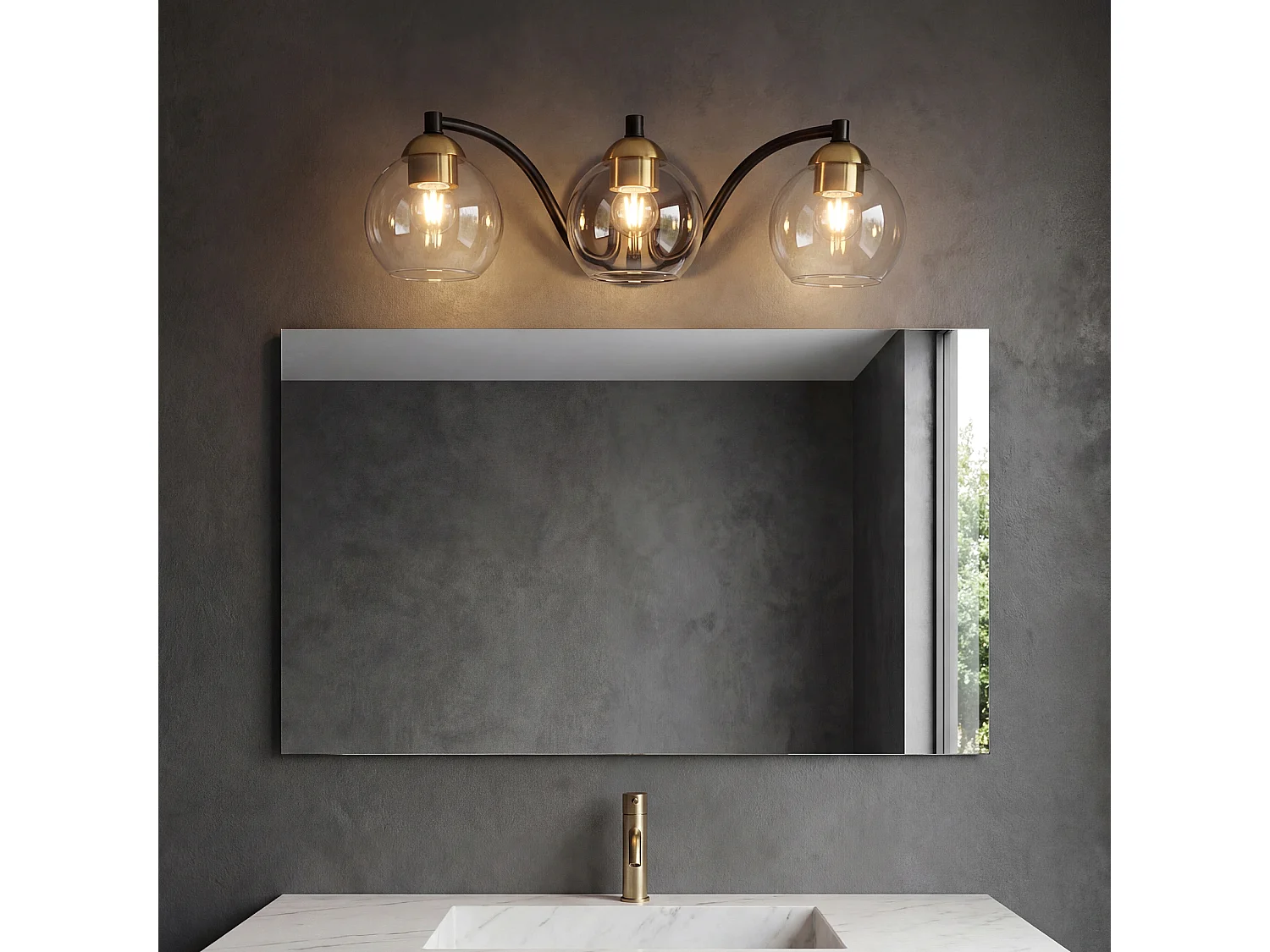 Moderne badkamerlamp met 3 lichtpunten, bolvormige glazen badkamerlamp met metalen frame, E27 fitting, lampen niet inbegrepen.