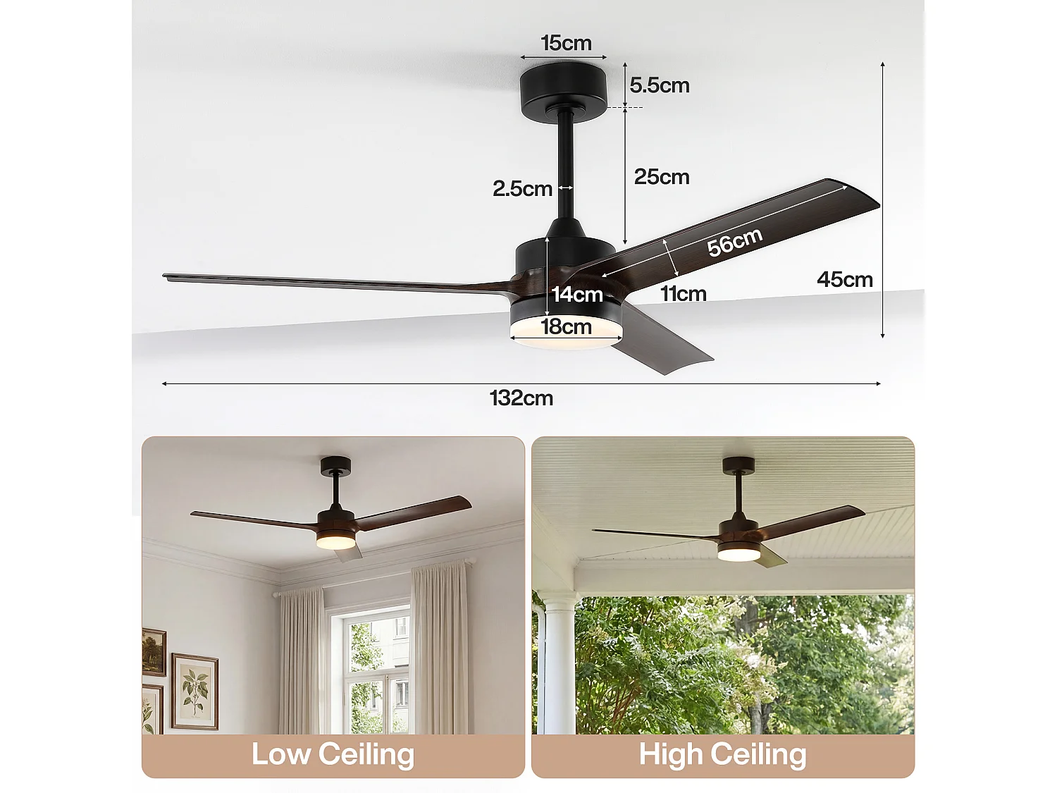 Moderne plafondventilator van 132 cm met verlichting, afstandsbediening, dimbare ledverlichting, omkeerbare ventilator, stille gelijkstroommotor, 3 bladen