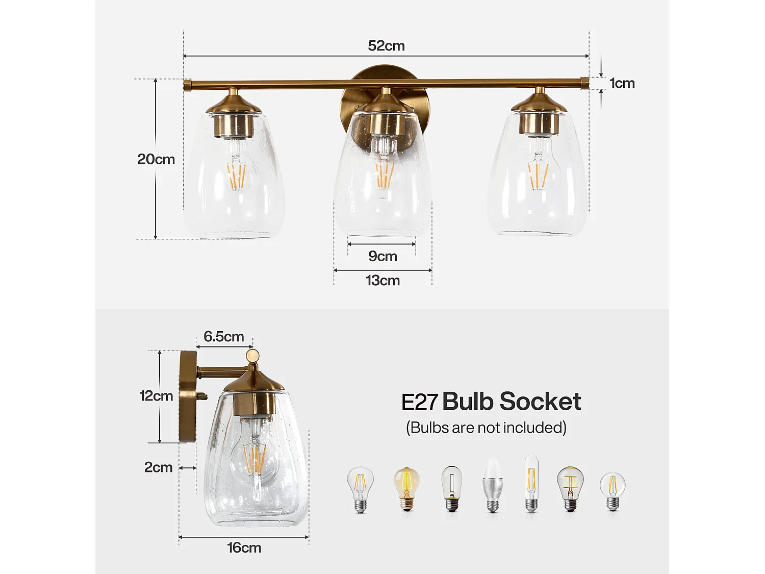 3-Leuchten-Badezimmerleuchten in Gold, moderne Wandleuchten mit klarem Glaszylinder, E27-Sockel, Lampen nicht im Lieferumfang enthalten