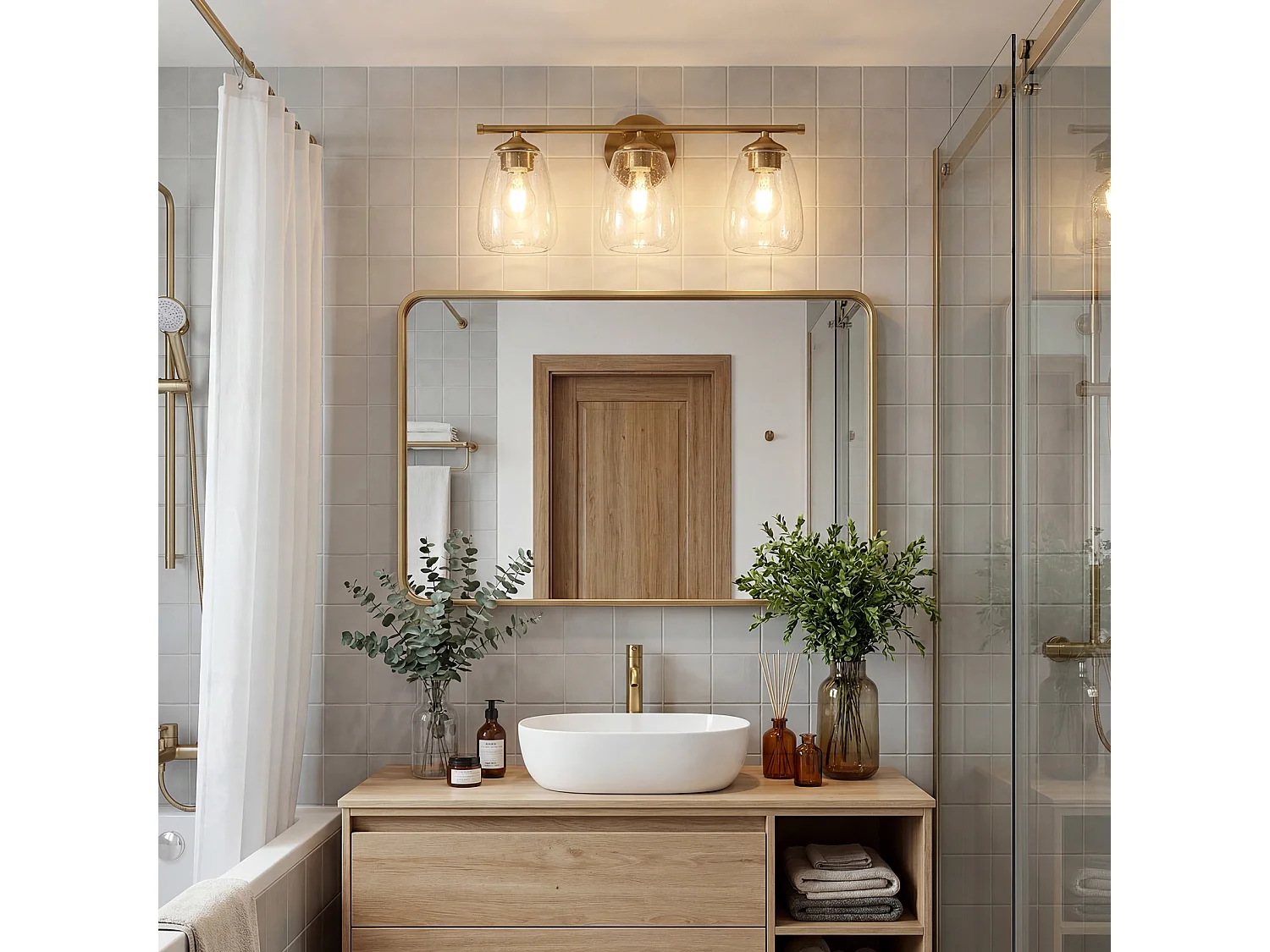 3-Leuchten-Badezimmerleuchten in Gold, moderne Wandleuchten mit klarem Glaszylinder, E27-Sockel, Lampen nicht im Lieferumfang enthalten