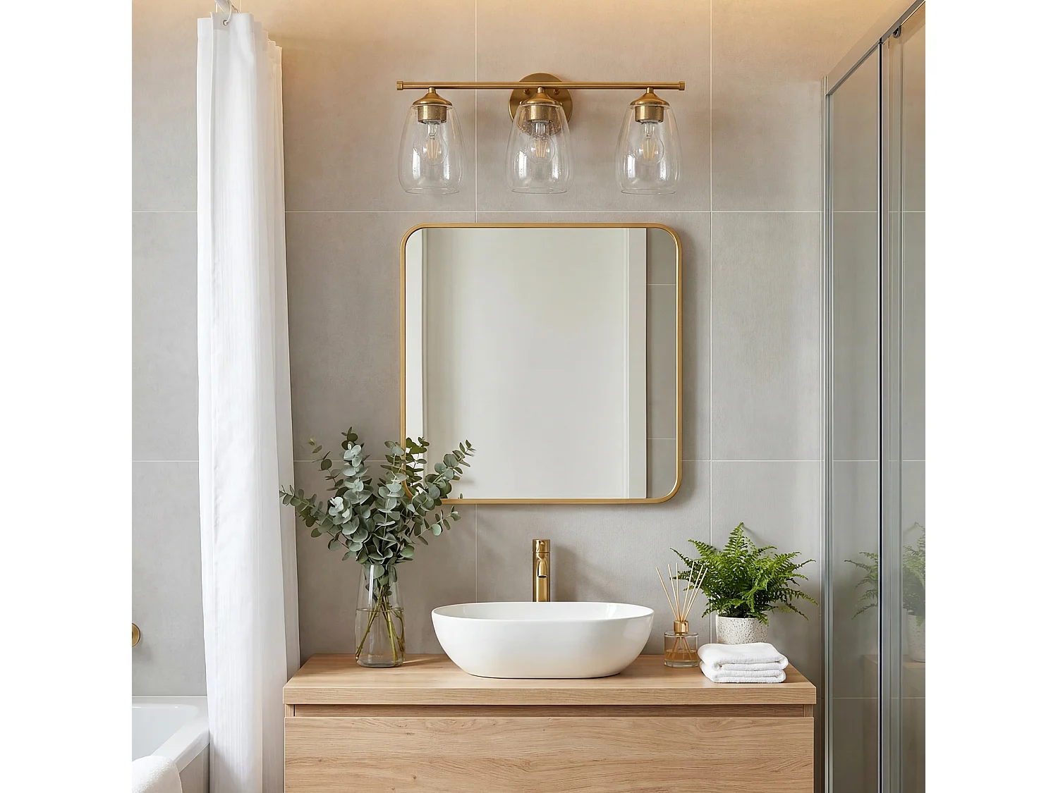 3-Leuchten-Badezimmerleuchten in Gold, moderne Wandleuchten mit klarem Glaszylinder, E27-Sockel, Lampen nicht im Lieferumfang enthalten