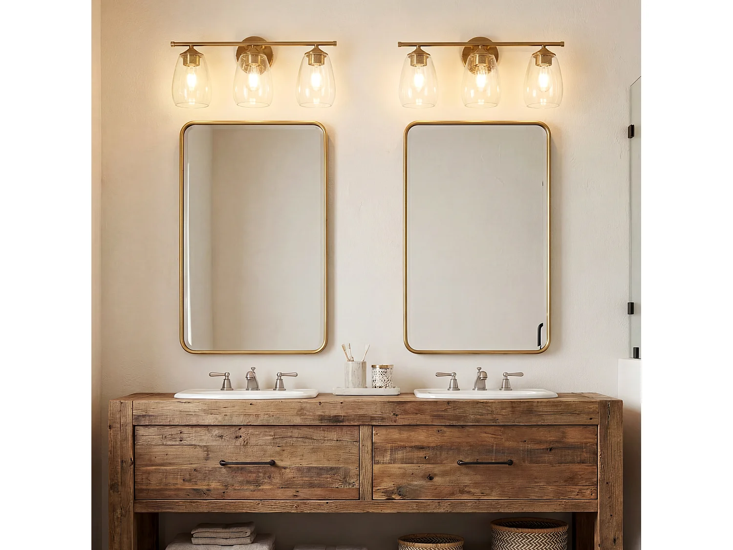 3-Leuchten-Badezimmerleuchten in Gold, moderne Wandleuchten mit klarem Glaszylinder, E27-Sockel, Lampen nicht im Lieferumfang enthalten