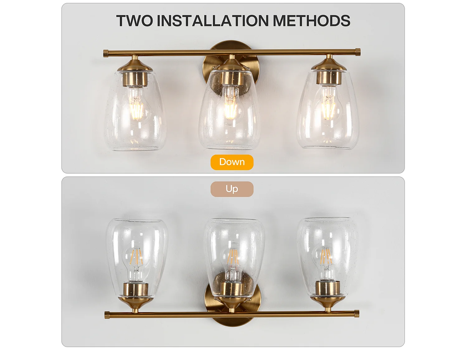 3-Leuchten-Badezimmerleuchten in Gold, moderne Wandleuchten mit klarem Glaszylinder, E27-Sockel, Lampen nicht im Lieferumfang enthalten