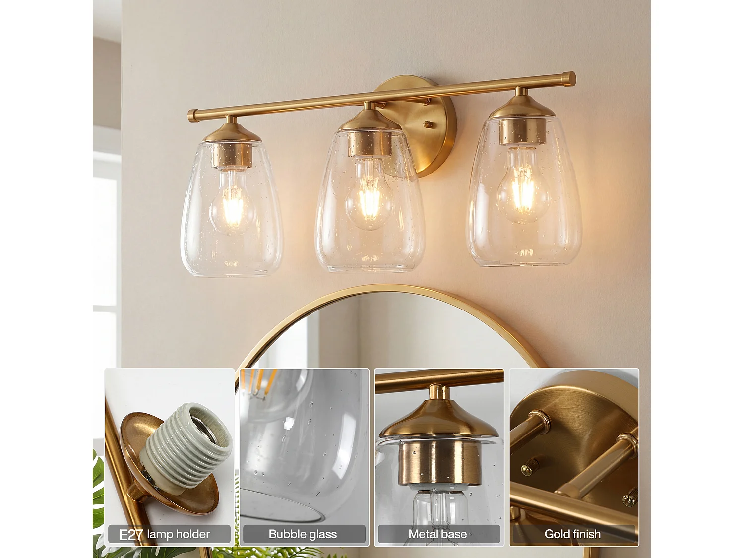 3-Leuchten-Badezimmerleuchten in Gold, moderne Wandleuchten mit klarem Glaszylinder, E27-Sockel, Lampen nicht im Lieferumfang enthalten