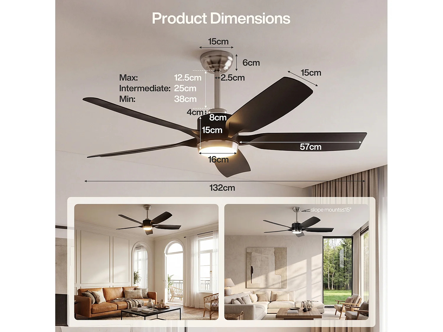 Moderne plafondventilator van 132 cm met verlichting, afstandsbediening, dimbare ledverlichting, omkeerbare ventilator met verlichting, 5 slimme bladen