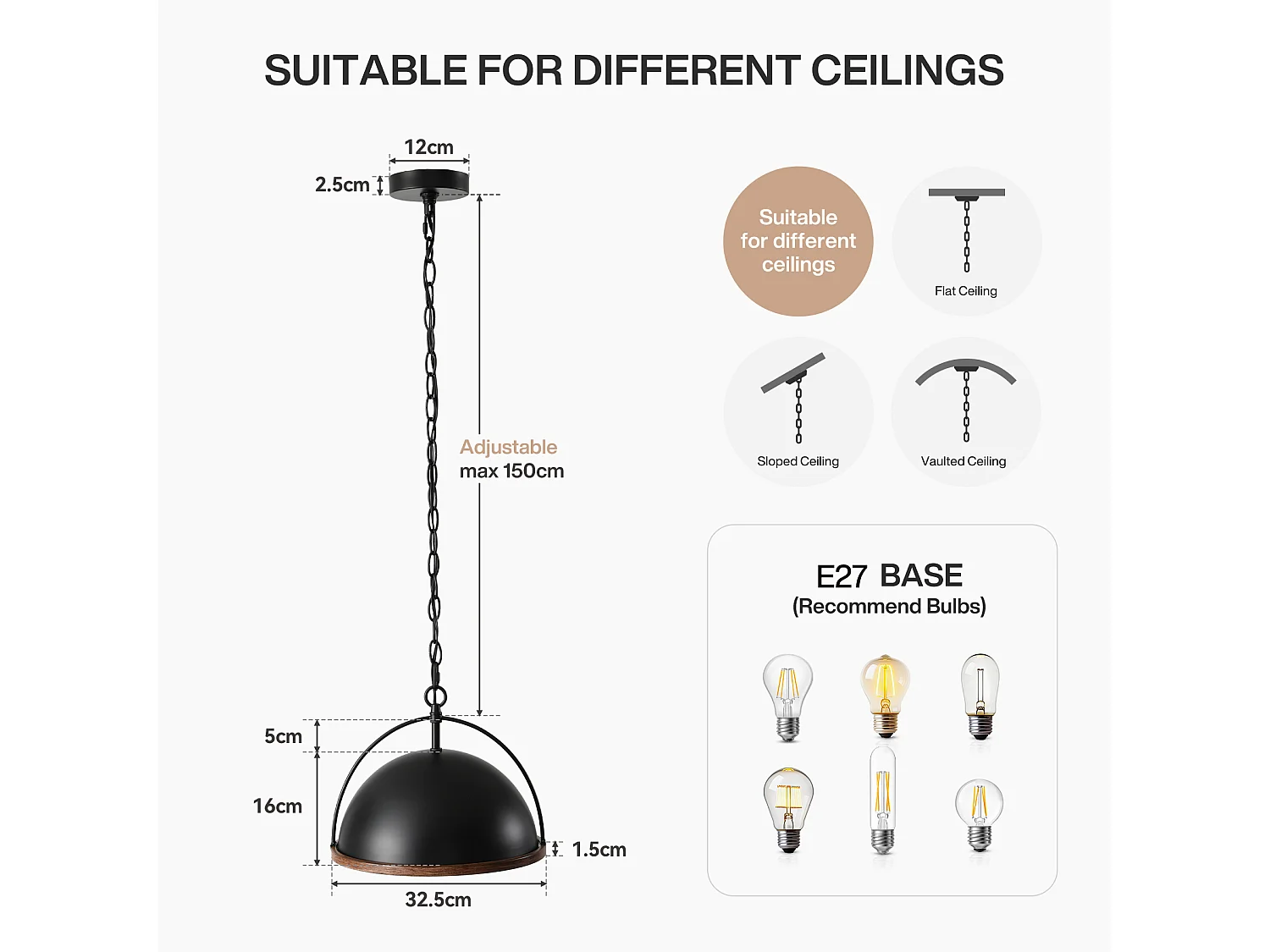 Suspension en métal, diamètre 33 cm, style industriel, hauteur réglable, douille E27, ampoules non incluses