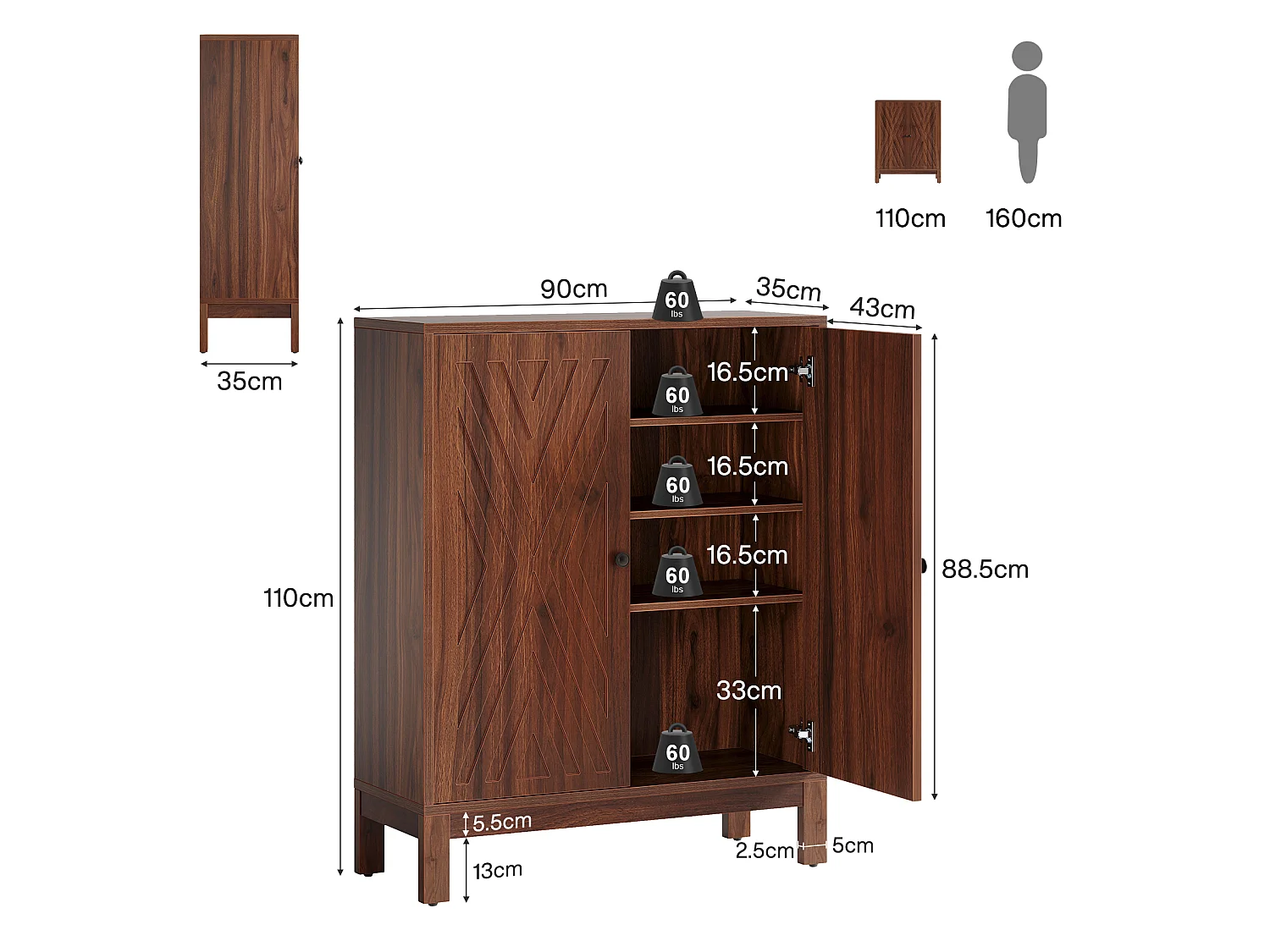 Meuble à chaussures à 2 portes, étagère à chaussures autoportante à 5 niveaux avec étagères réglables, hauteur 110 cm
