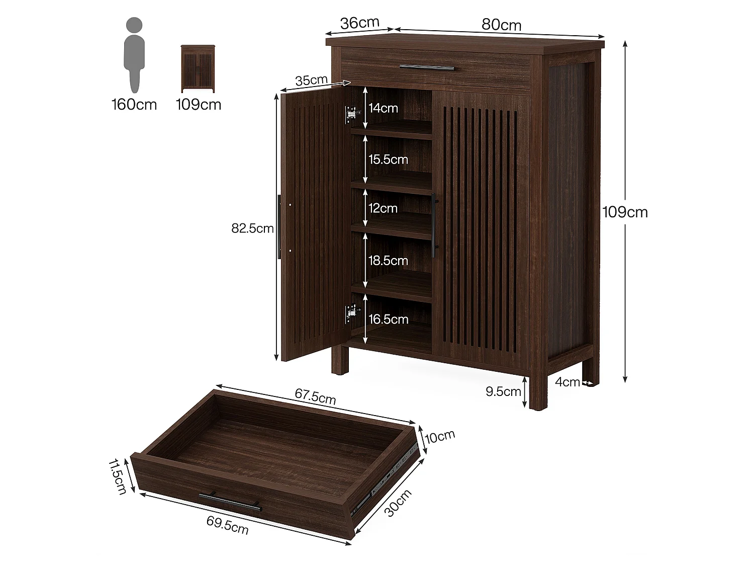 Meuble à chaussures avec portes et tiroir à persiennes, 5 niveaux, étagères réglables