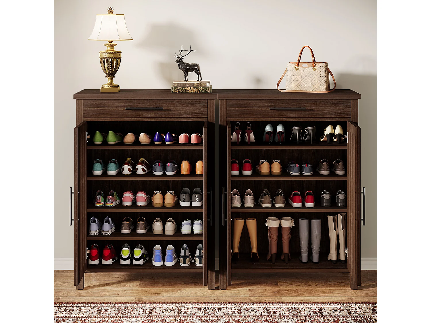Meuble à chaussures avec portes et tiroir à persiennes, 5 niveaux, étagères réglables