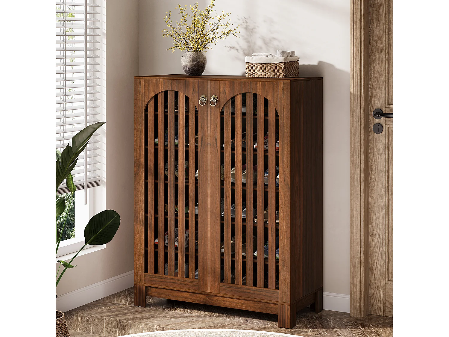 Meuble à chaussures avec portes à persiennes, meuble de rangement à chaussures à 6 niveaux, organisateur de chaussures d'entrée