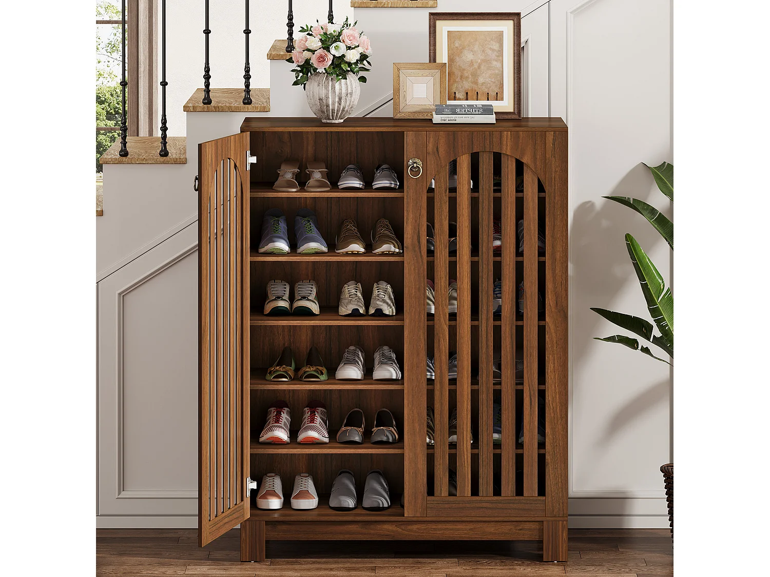 Meuble à chaussures avec portes à persiennes, meuble de rangement à chaussures à 6 niveaux, organisateur de chaussures d'entrée