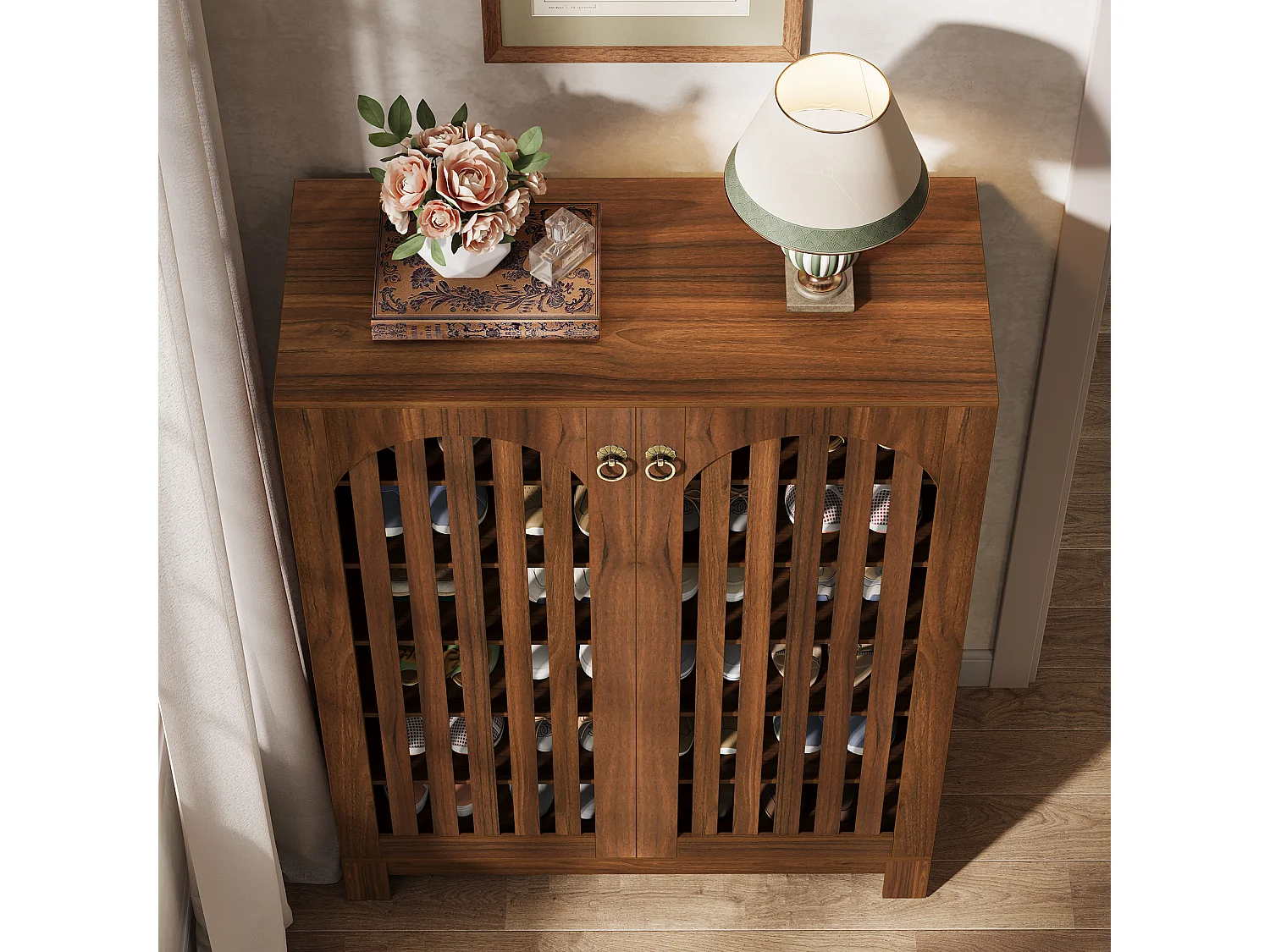 Meuble à chaussures avec portes à persiennes, meuble de rangement à chaussures à 6 niveaux, organisateur de chaussures d'entrée