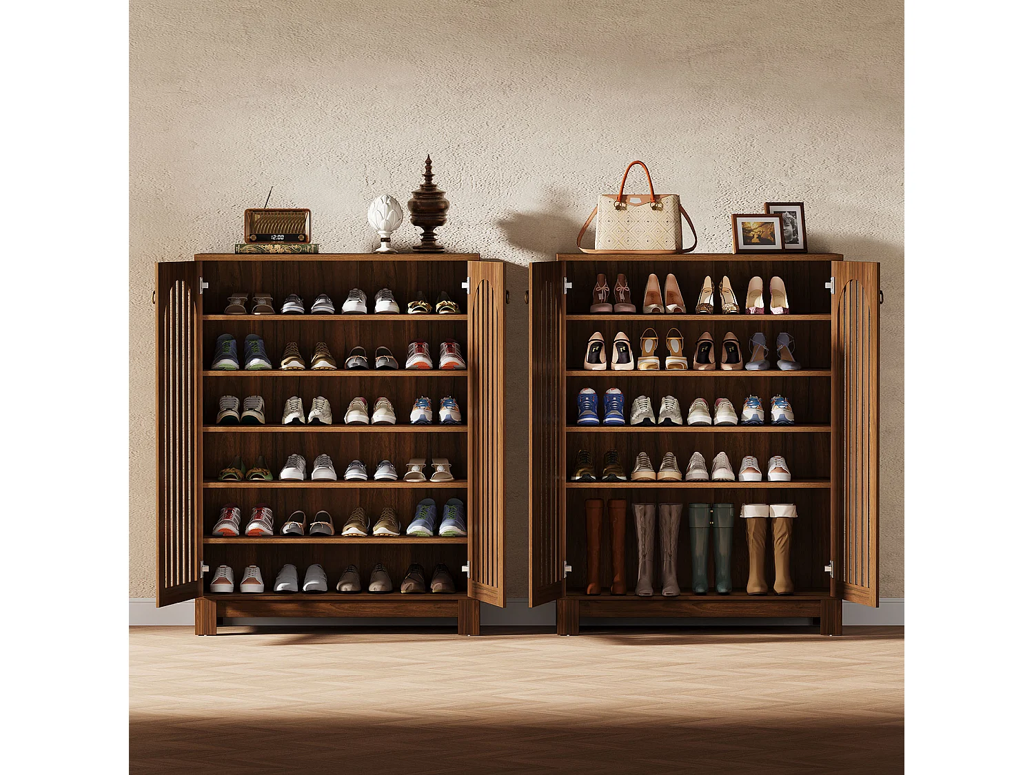 Meuble à chaussures avec portes à persiennes, meuble de rangement à chaussures à 6 niveaux, organisateur de chaussures d'entrée