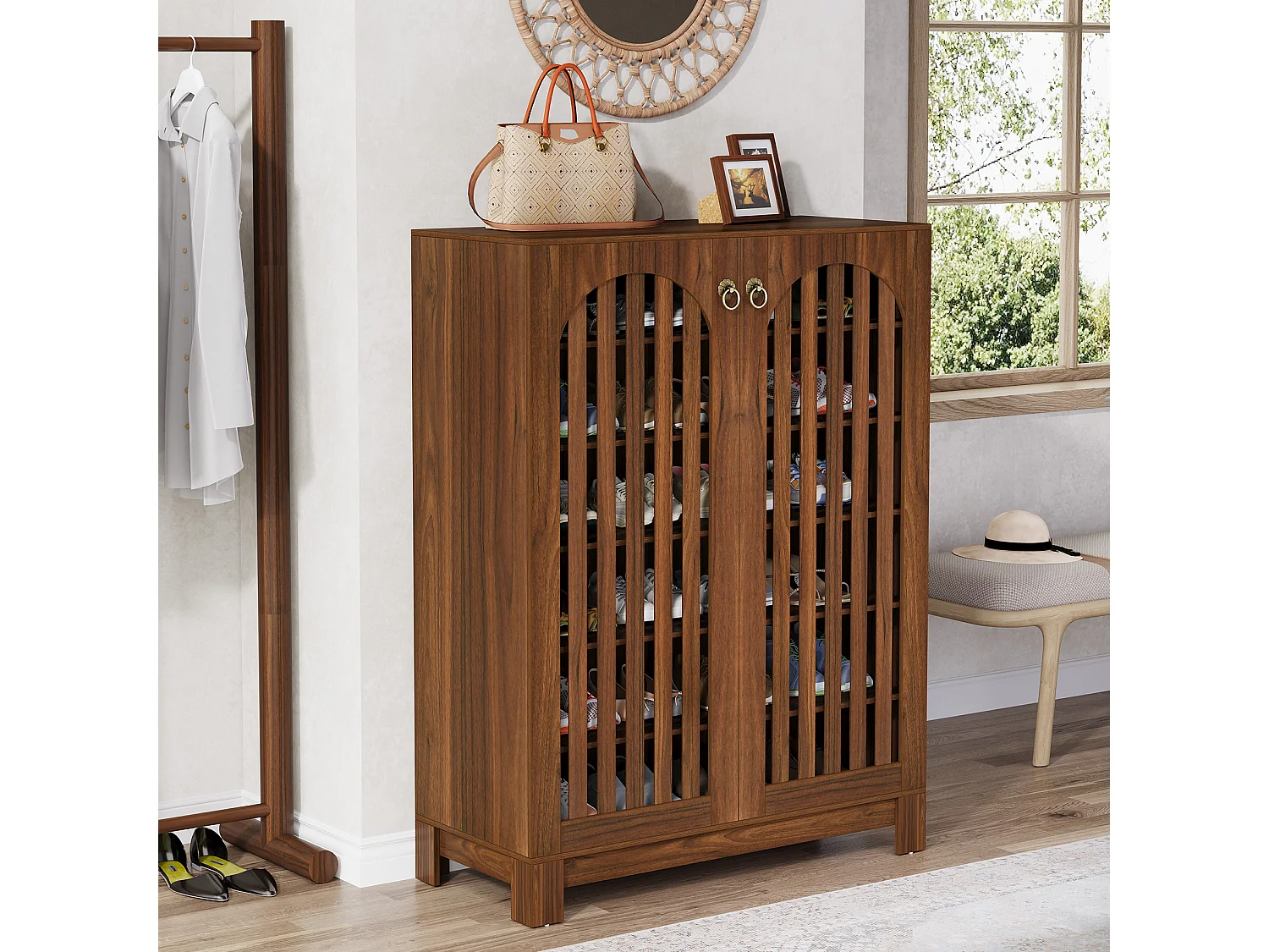 Meuble à chaussures avec portes à persiennes, meuble de rangement à chaussures à 6 niveaux, organisateur de chaussures d'entrée