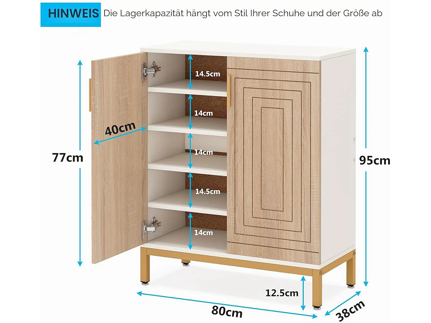 Meuble à chaussures avec portes, rangement pour 20 paires de chaussures d'entrée avec étagères, 5 niveaux, blanc/naturel
