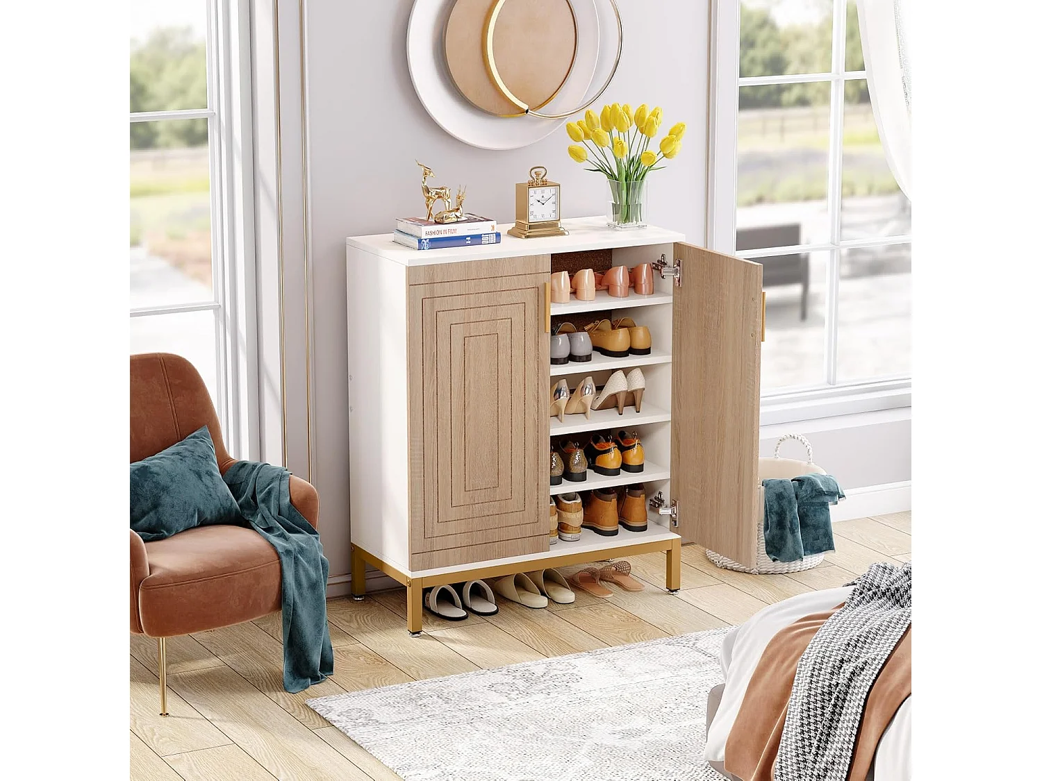 Meuble à chaussures avec portes, rangement pour 20 paires de chaussures d'entrée avec étagères, 5 niveaux, blanc/naturel