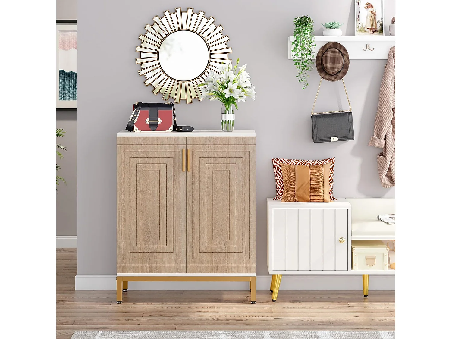Meuble à chaussures avec portes, rangement pour 20 paires de chaussures d'entrée avec étagères, 5 niveaux, blanc/naturel