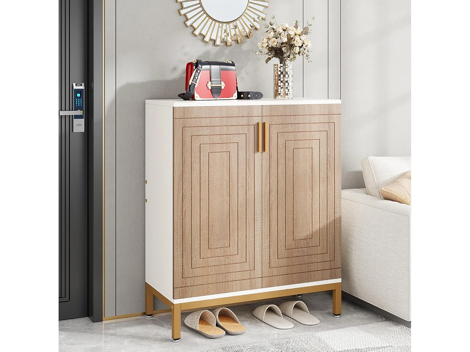 Meuble à chaussures avec portes, rangement pour 20 paires de chaussures d'entrée avec étagères, 5 niveaux, blanc/naturel