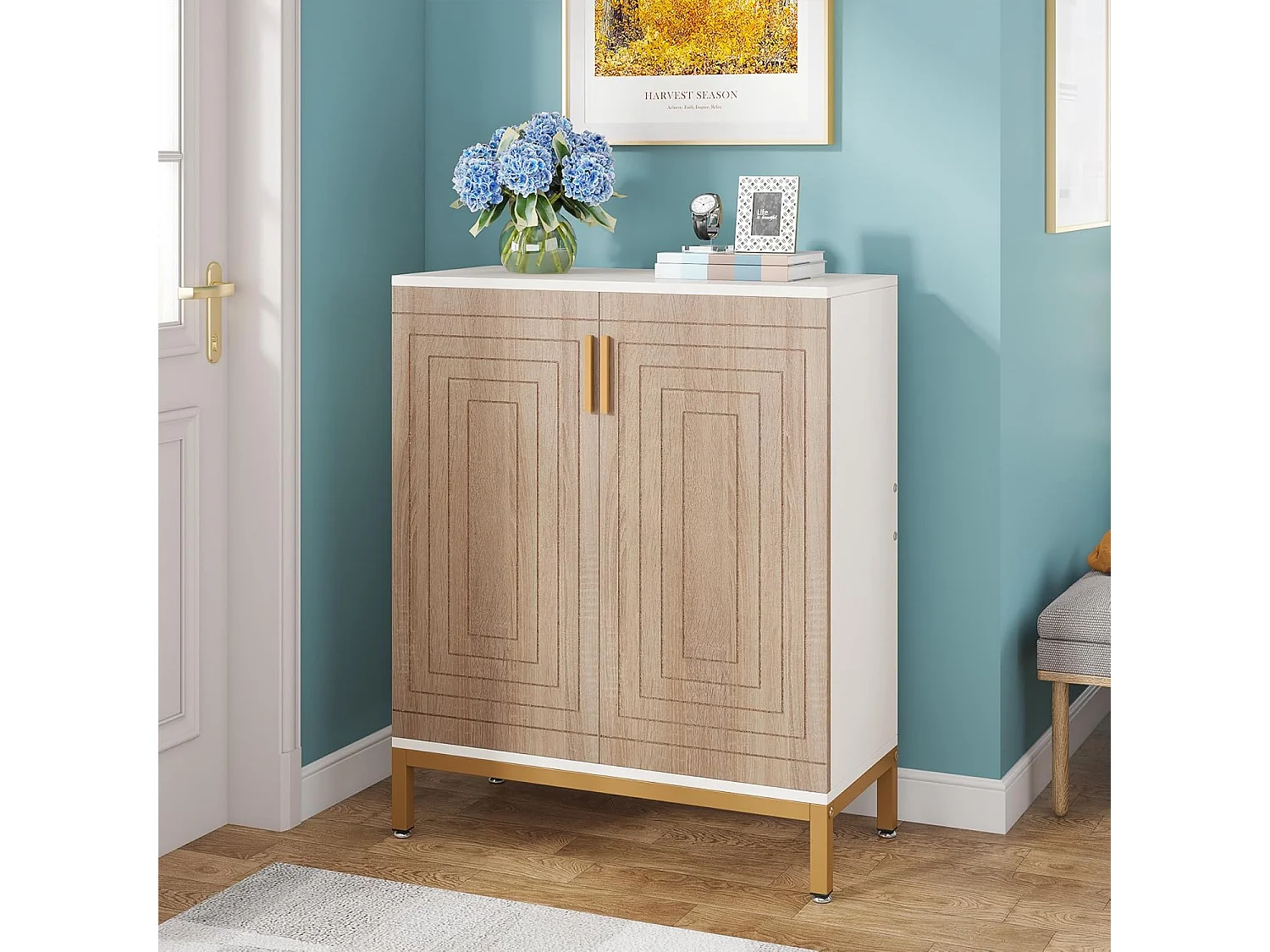 Meuble à chaussures avec portes, rangement pour 20 paires de chaussures d'entrée avec étagères, 5 niveaux, blanc/naturel