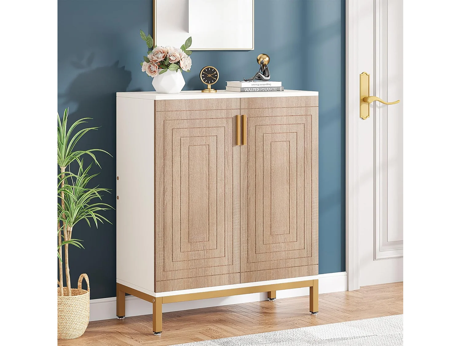 Meuble à chaussures avec portes, rangement pour 20 paires de chaussures d'entrée avec étagères, 5 niveaux, blanc/naturel