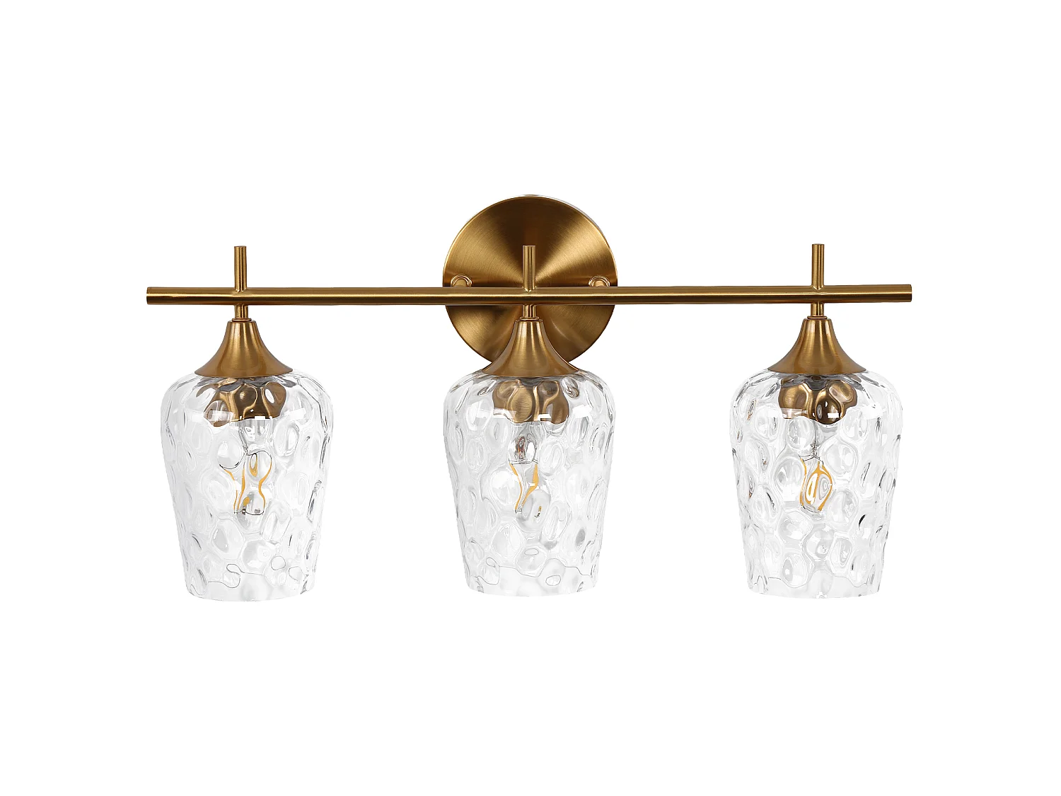 Gouden badkamerwandlamp met 3 lichtpunten en golvende glazen kappen, E27 fitting, geschikt voor badkamerspiegels. Lampen niet inbegrepen.