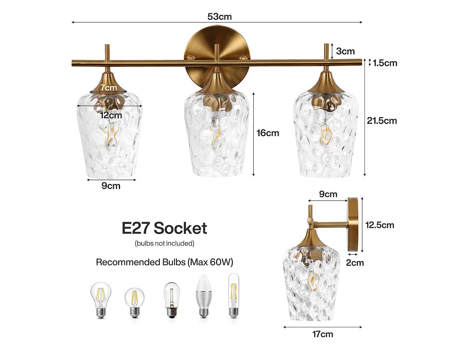 Gouden badkamerwandlamp met 3 lichtpunten en golvende glazen kappen, E27 fitting, geschikt voor badkamerspiegels. Lampen niet inbegrepen.
