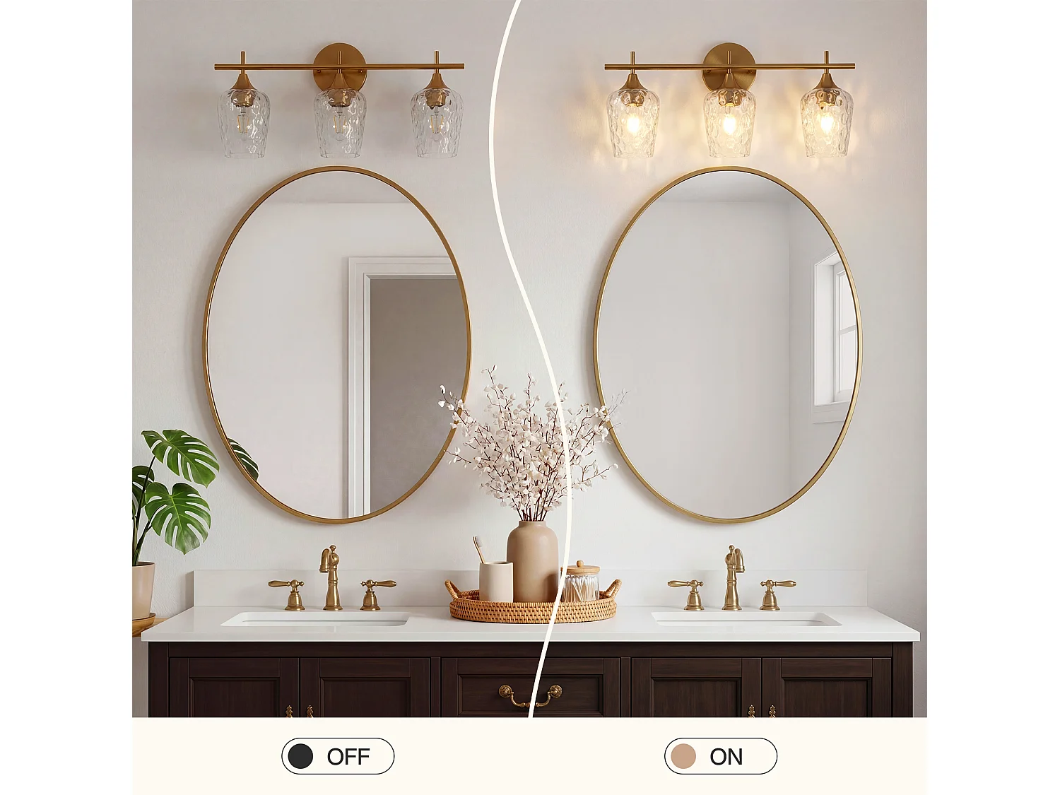 Gouden badkamerwandlamp met 3 lichtpunten en golvende glazen kappen, E27 fitting, geschikt voor badkamerspiegels. Lampen niet inbegrepen.