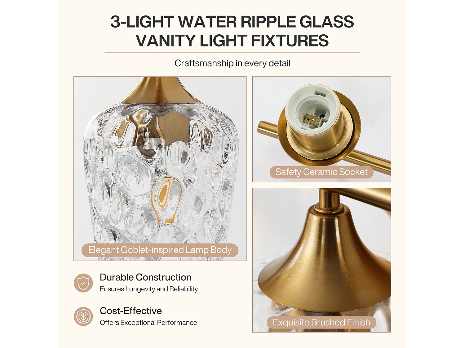 Gouden badkamerwandlamp met 3 lichtpunten en golvende glazen kappen, E27 fitting, geschikt voor badkamerspiegels. Lampen niet inbegrepen.