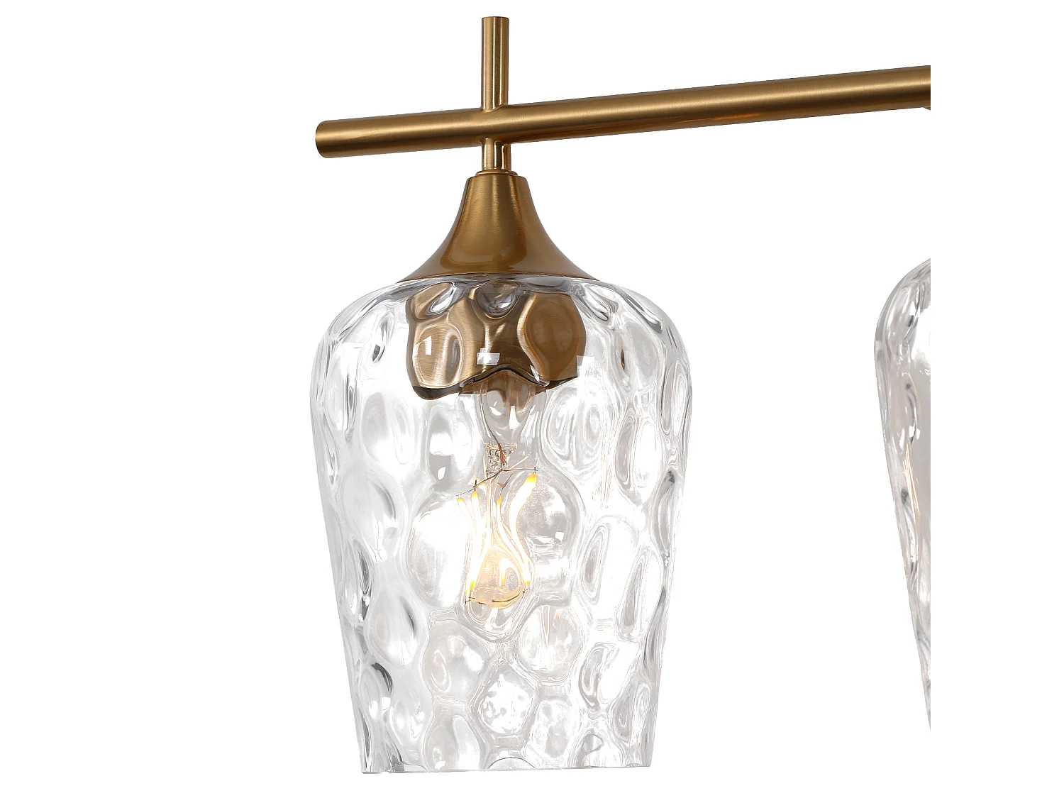 Gouden badkamerwandlamp met 3 lichtpunten en golvende glazen kappen, E27 fitting, geschikt voor badkamerspiegels. Lampen niet inbegrepen.