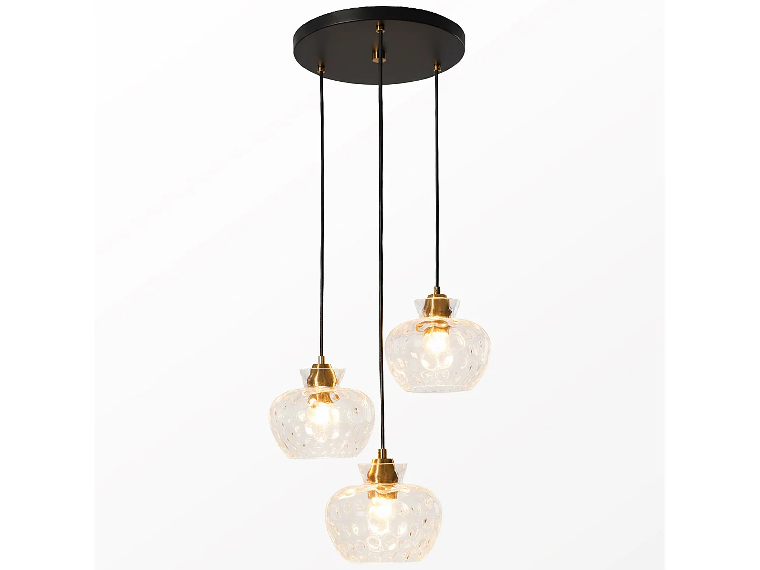 Suspension vintage noire à 3 lumières, verre cannelé, douille E27, hauteur réglable, ampoules non incluses