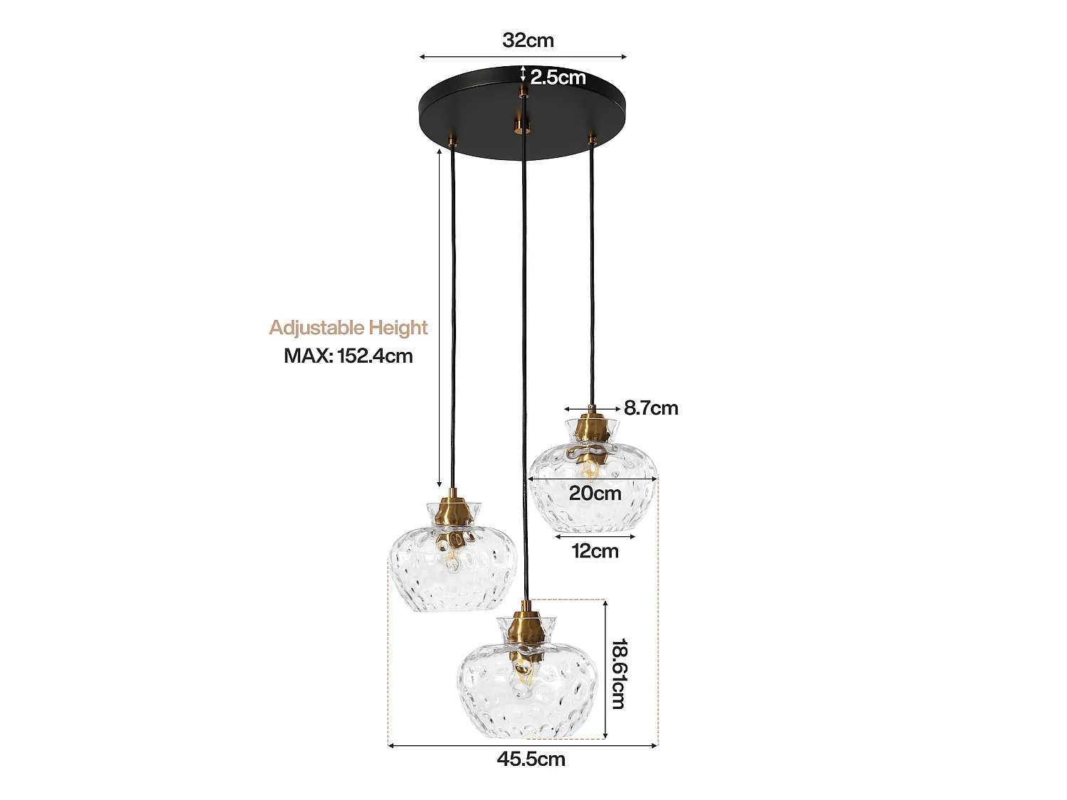 Suspension vintage noire à 3 lumières, verre cannelé, douille E27, hauteur réglable, ampoules non incluses