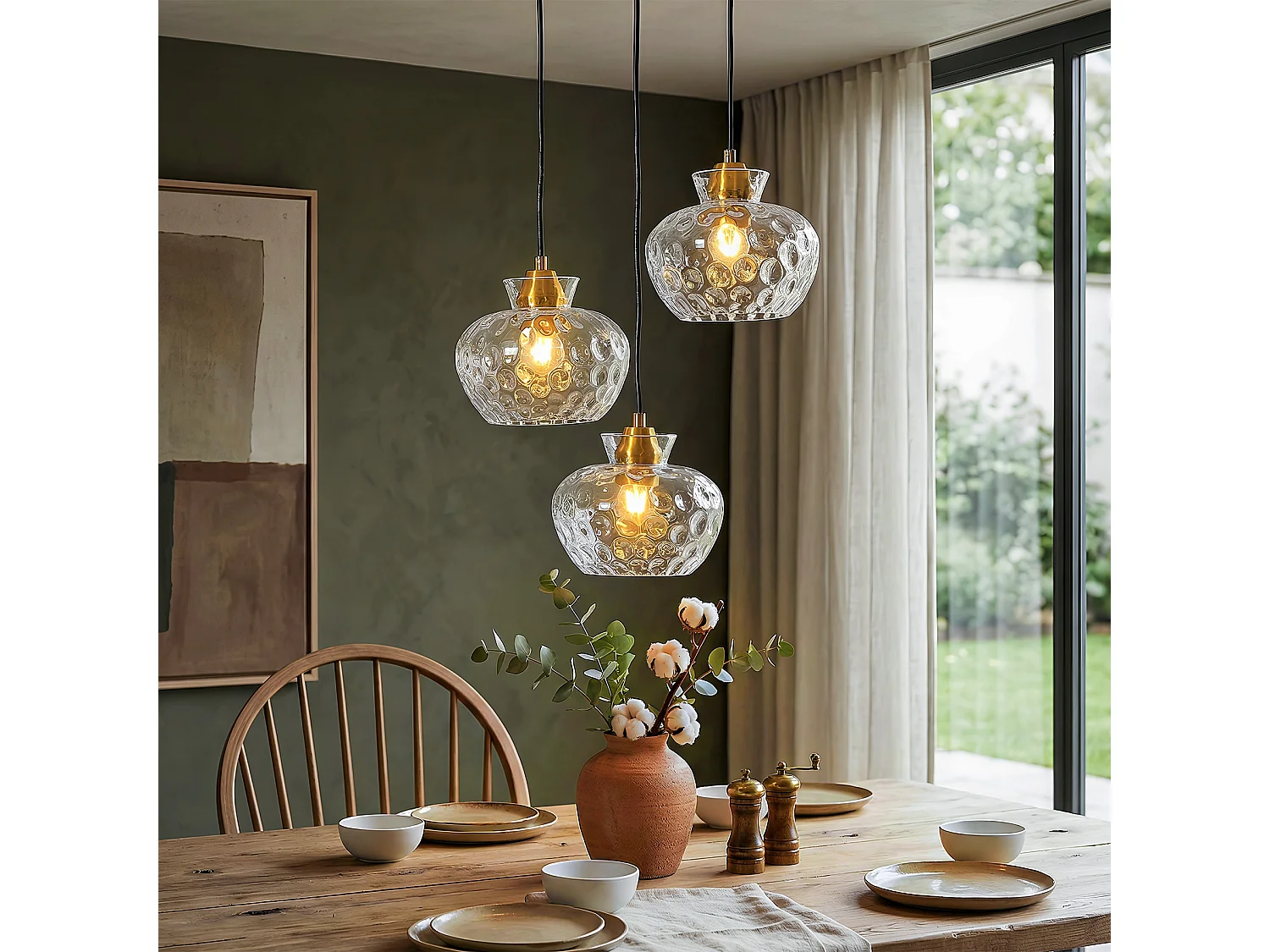 Suspension vintage noire à 3 lumières, verre cannelé, douille E27, hauteur réglable, ampoules non incluses