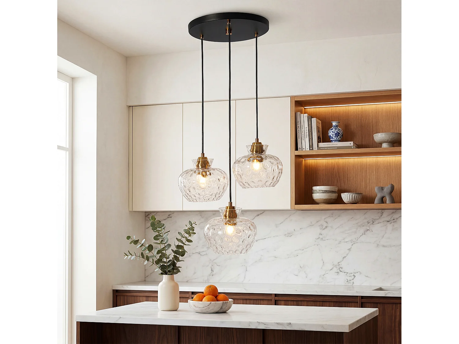 Suspension vintage noire à 3 lumières, verre cannelé, douille E27, hauteur réglable, ampoules non incluses
