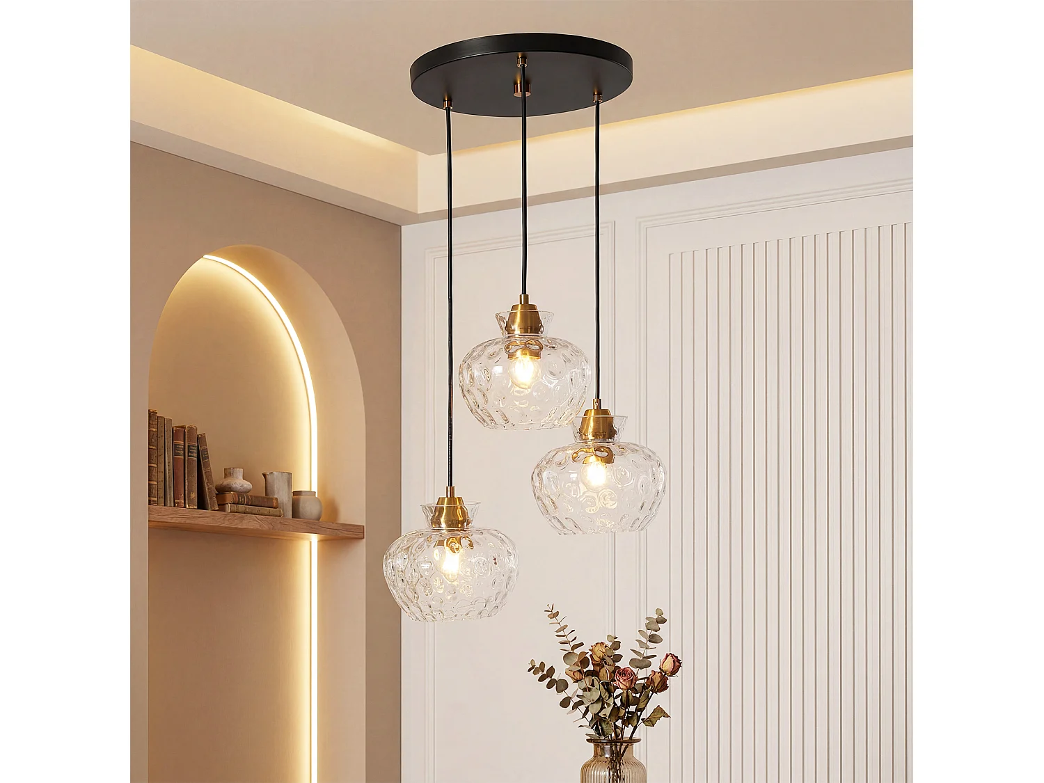 Suspension vintage noire à 3 lumières, verre cannelé, douille E27, hauteur réglable, ampoules non incluses