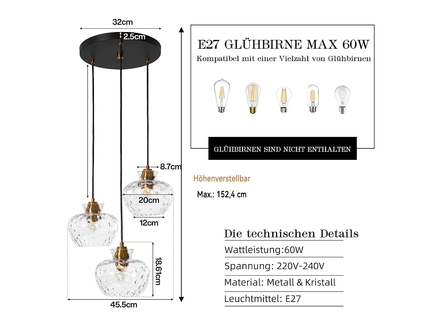 Suspension vintage noire à 3 lumières, verre cannelé, douille E27, hauteur réglable, ampoules non incluses