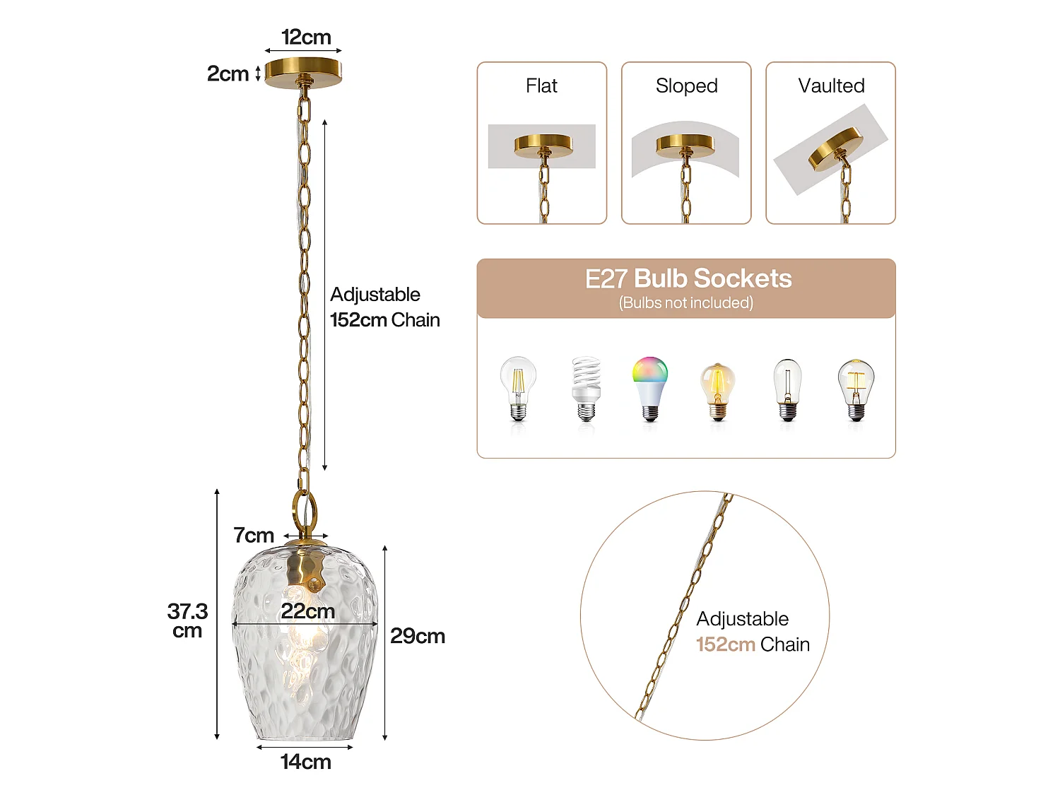 Suspension en verre martelé avec chaîne réglable, luminaire suspendu simple à effet ondulé, culot E27, ampoules non incluses