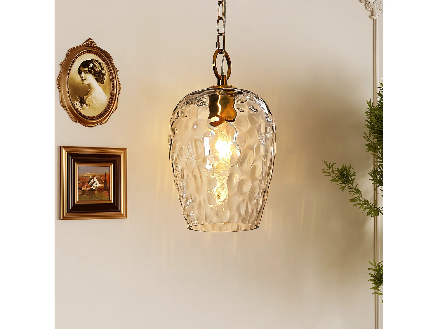 Suspension en verre martelé avec chaîne réglable, luminaire suspendu simple à effet ondulé, culot E27, ampoules non incluses