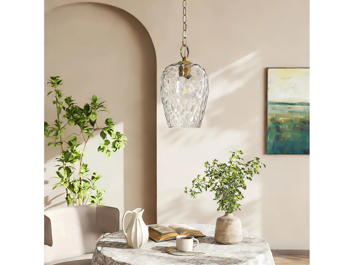 Suspension en verre martelé avec chaîne réglable, luminaire suspendu simple à effet ondulé, culot E27, ampoules non incluses