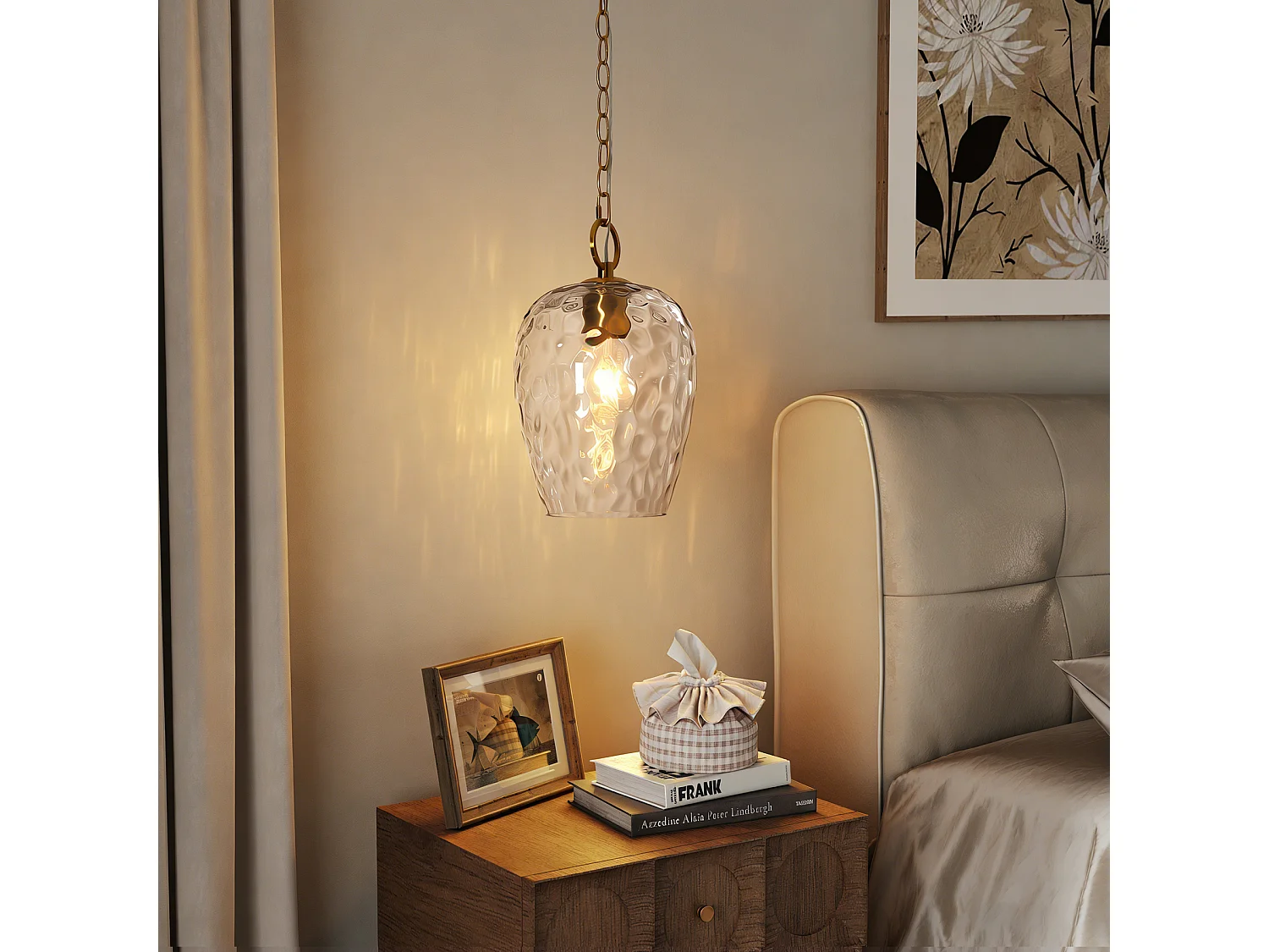 Suspension en verre martelé avec chaîne réglable, luminaire suspendu simple à effet ondulé, culot E27, ampoules non incluses