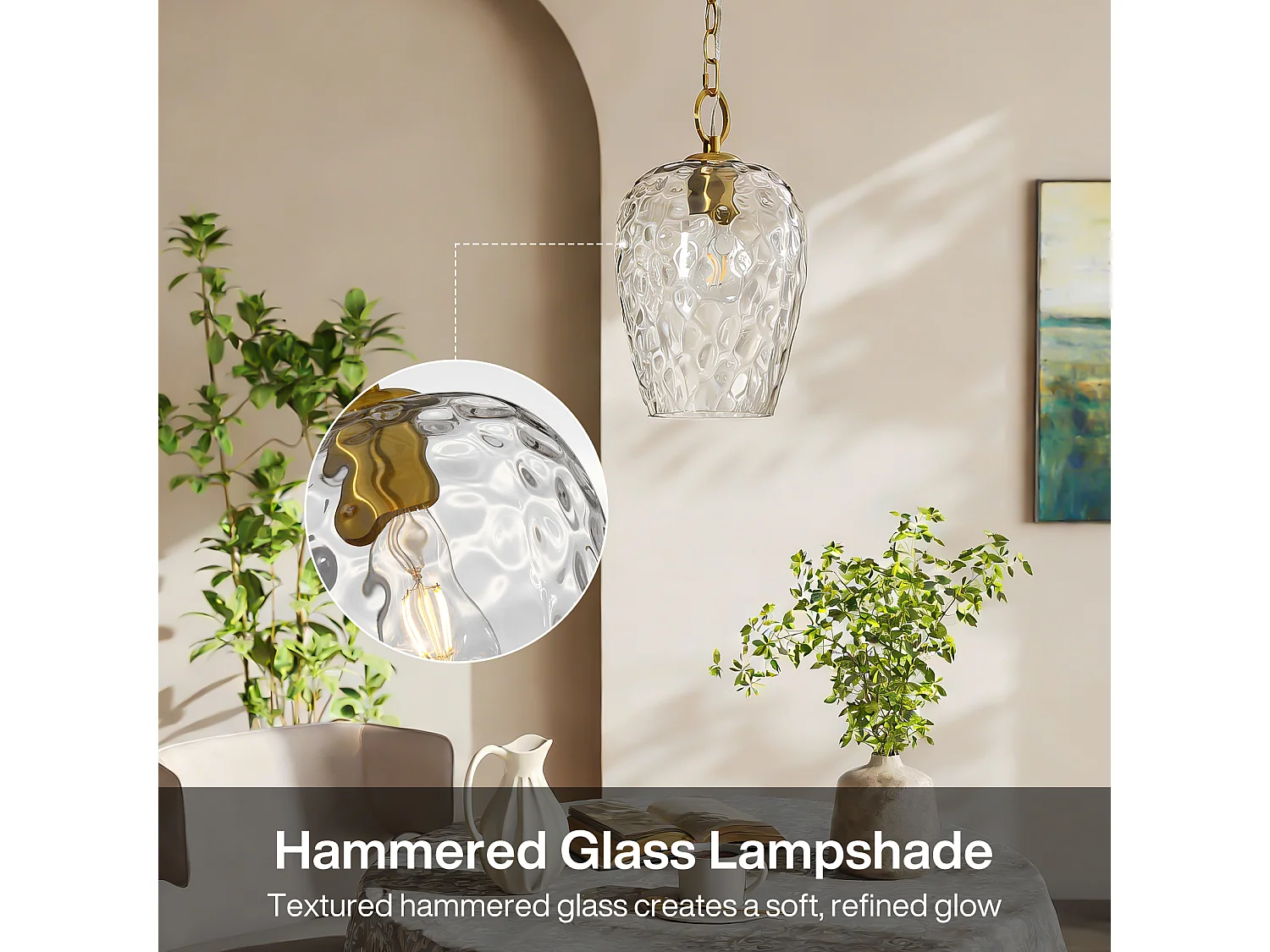 Suspension en verre martelé avec chaîne réglable, luminaire suspendu simple à effet ondulé, culot E27, ampoules non incluses