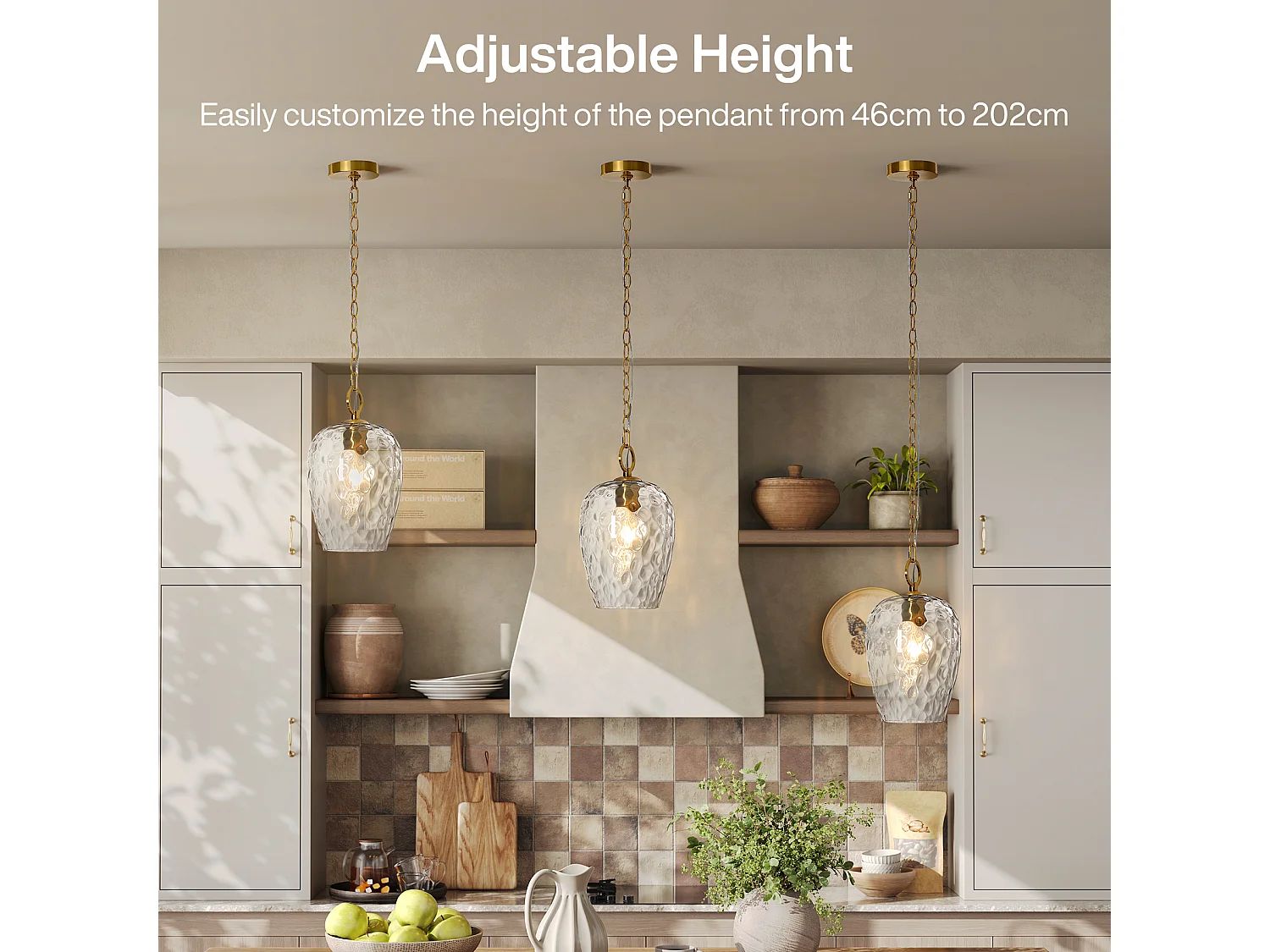 Suspension en verre martelé avec chaîne réglable, luminaire suspendu simple à effet ondulé, culot E27, ampoules non incluses
